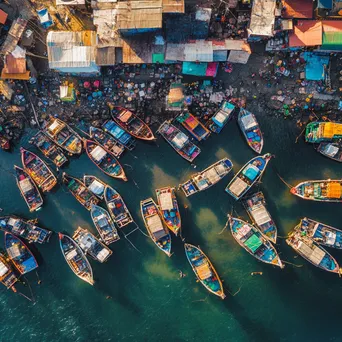 Aerial shot of a busy fishing port with colorful boats and market activity. - Image 1