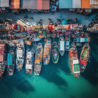 Aerial shot of a busy fishing port with colorful boats and market activity. - Image 2