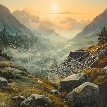 Misty mountain valley at sunrise with glistening spider webs - Image 1