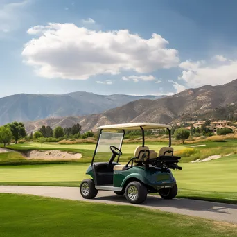 Luxury golf cart on a green with mountain range background - Image 1