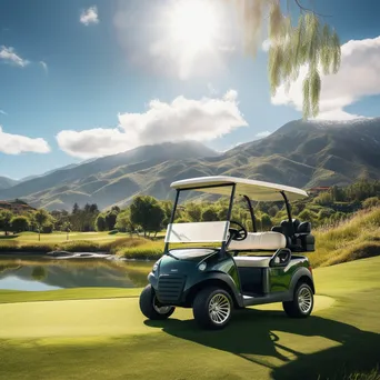 Luxury golf cart on a green with mountain range background - Image 3