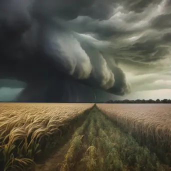 Illustration of a tornado swirling in a wheat field with dark storm clouds overhead. - Image 1