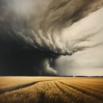 Illustration of a tornado swirling in a wheat field with dark storm clouds overhead. - Image 3