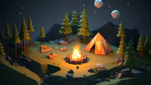 Isometric view of a low poly wilderness camping scene under a star-filled sky - Image 1