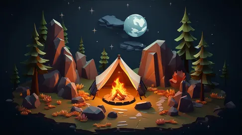 Isometric view of a low poly wilderness camping scene under a star-filled sky - Image 3