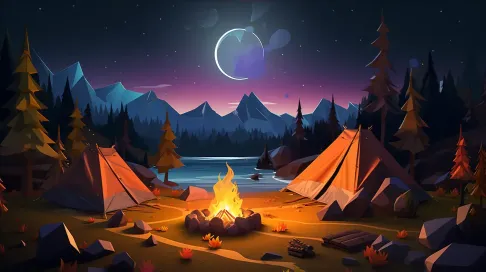 Isometric view of a low poly wilderness camping scene under a star-filled sky - Image 4