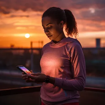 Woman checking fitness tracking app on smartphone during sunset run - Image 1