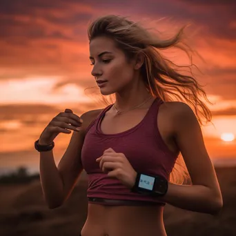 Woman checking fitness tracking app on smartphone during sunset run - Image 2