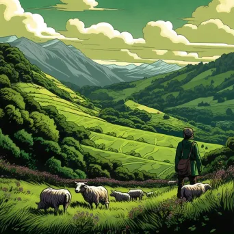 Shepherd tending to flock on lush green hillside - Image 1