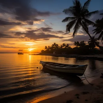 Silhouetted boats at sunset on a tropical island - Image 1