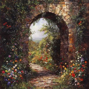 Stone archway peppered with vibrant wildflowers and lush ivy, channeling a Gothic romance aesthetic - Image 1