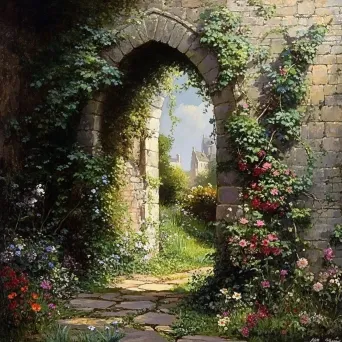 Stone archway peppered with vibrant wildflowers and lush ivy, channeling a Gothic romance aesthetic - Image 2