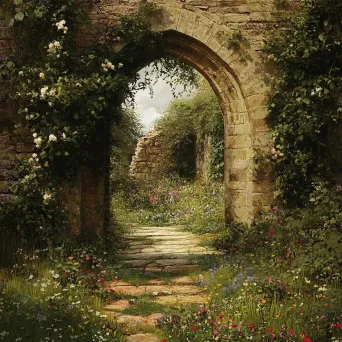 Overgrown Stone Archway with Floral Bloom