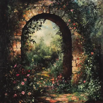 Stone archway peppered with vibrant wildflowers and lush ivy, channeling a Gothic romance aesthetic - Image 4