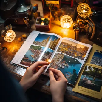 Hand flipping through a travel guide next to a passport and notebook. - Image 3