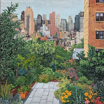 City view from a rooftop garden illustrated using pointillism - Image 1