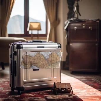 Partially open suitcase with map and camera in hotel room - Image 1