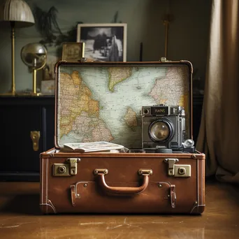 Partially open suitcase with map and camera in hotel room - Image 3