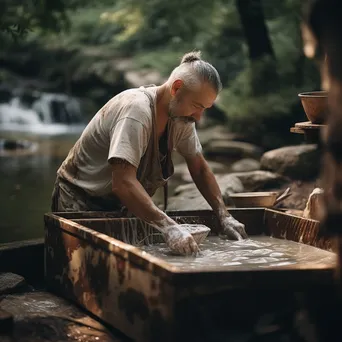 Artisan dipping recycled paper into water for making. - Image 1