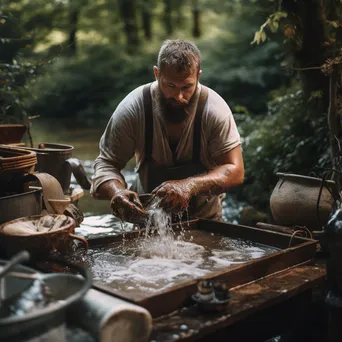 Artisan dipping recycled paper into water for making. - Image 2