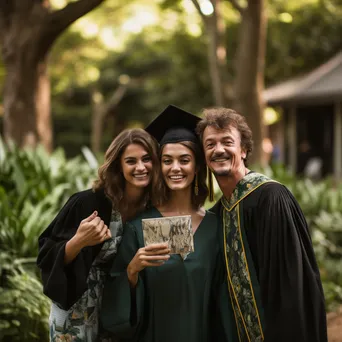 Graduate taking selfies with family in a garden, holding diploma - Image 1