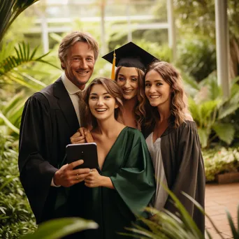 Graduate taking selfies with family in a garden, holding diploma - Image 3