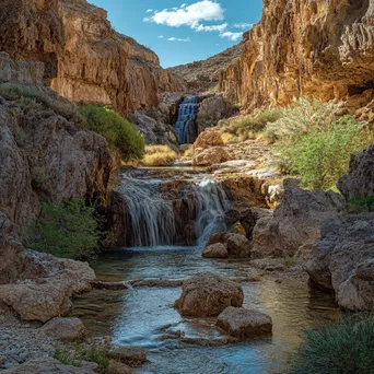 Cascading water spring in a rocky desert landscape - Image 1