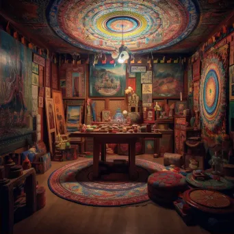 Image of a peaceful Tibetan prayer room with colorful mandalas and thangka paintings - Image 2