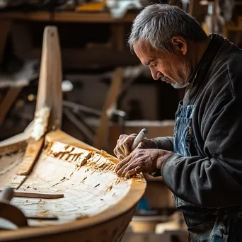 Close-up of glue application on a wooden boat hull in a workshop - Image 3