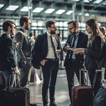 A group of business travelers discussing at an airport gate - Image 1