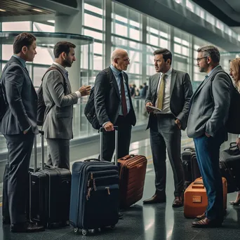 A group of business travelers discussing at an airport gate - Image 2