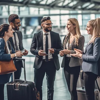 A group of business travelers discussing at an airport gate - Image 3