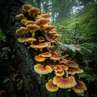 Colorful fungi growing on a tree trunk in a forest understory. - Image 3