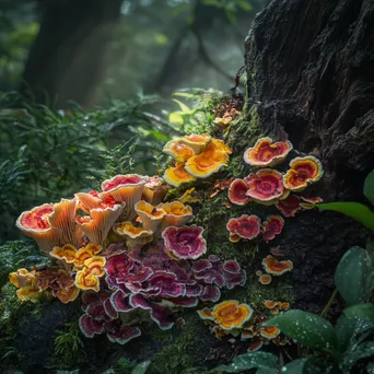 Colorful fungi growing on a tree trunk in a forest understory. - Image 4