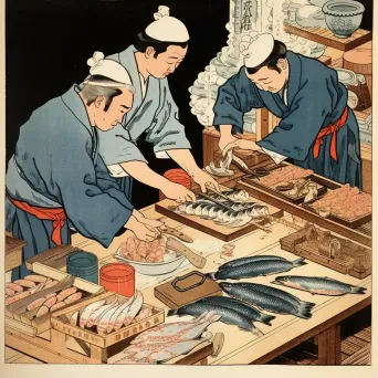 Ukiyo-e style woodblock print of sushi preparation - Image 1