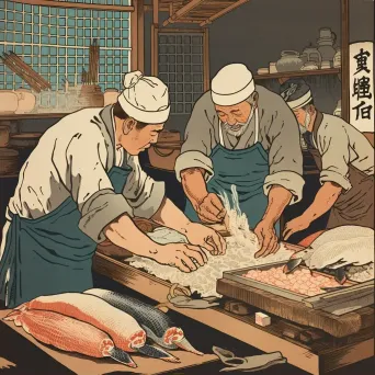 Ukiyo-e style woodblock print of sushi preparation - Image 2