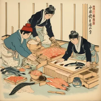 Ukiyo-e style woodblock print of sushi preparation - Image 4