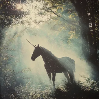 Pointillist painting of a unicorn appearing from the fog in a sunlight-dappled forest - Image 1