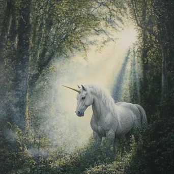 Pointillist painting of a unicorn appearing from the fog in a sunlight-dappled forest - Image 2