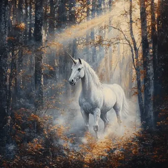 Pointillist painting of a unicorn appearing from the fog in a sunlight-dappled forest - Image 3