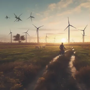 Man biking past wind turbines at sunset - Image 1