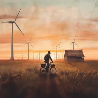 Man biking past wind turbines at sunset - Image 2