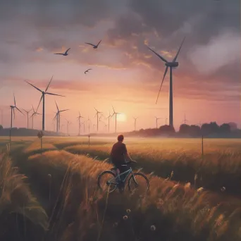 Man biking past wind turbines at sunset - Image 3