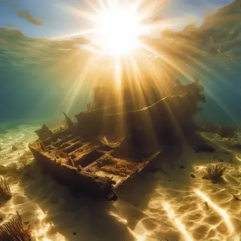 Shattered remnants of shipwreck with light rays underwater - Image 1