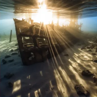 Shattered remnants of shipwreck with light rays underwater - Image 2