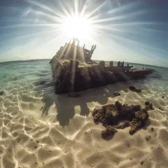 Shattered remnants of shipwreck with light rays underwater - Image 3