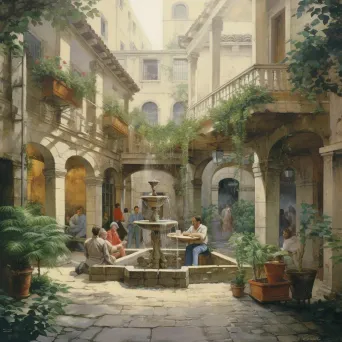 Tranquil urban courtyard with potted plants and stone fountains - Image 3