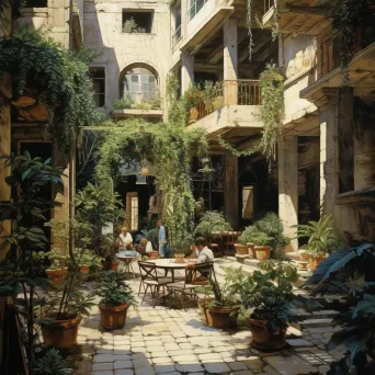 Tranquil urban courtyard with potted plants and stone fountains - Image 4