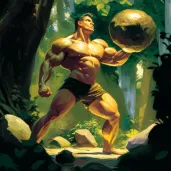 Muscular man with skin like polished bronze lifting a large stone in a lush forest under dappled sunlight - Image 3