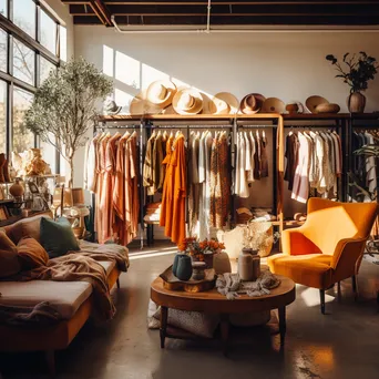 Interior of a vintage-themed clothing store with cozy furnishings. - Image 1